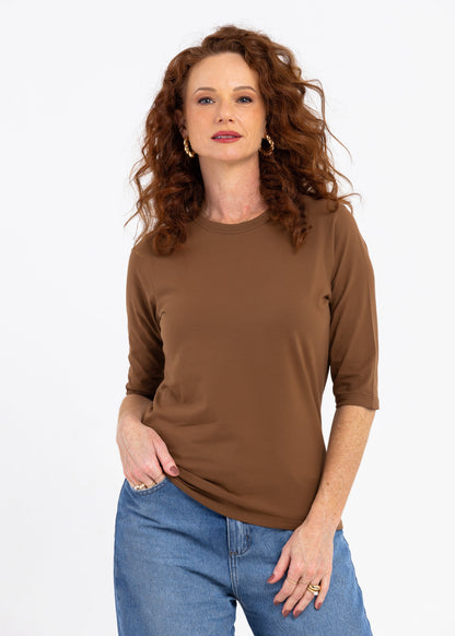 Camiseta Feminina Manga 3/4 Gola Redonda - Caramelo